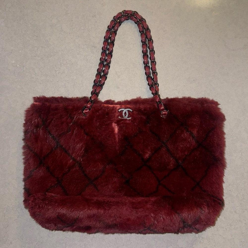 *RARE* CHANEL CC Chain Tote Shoulder Bag Lapin Fur Leather Red France 6881880